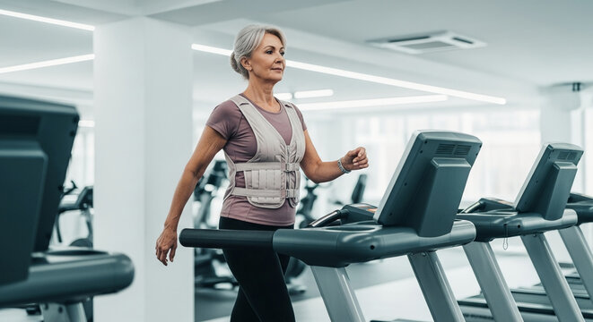 Active Senior Woman Walking on a Treadmill in a Modern Gym Wearing a Weighted Training Vest for Resistance Cardio and Healthy Aging Fitness Routine