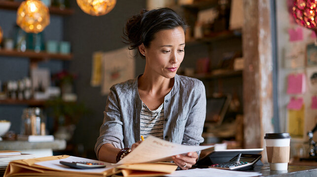 Travel customer reviewing business insurance documents in a small shop back office with policy folder, tablet and calculator, realistic commercial photo