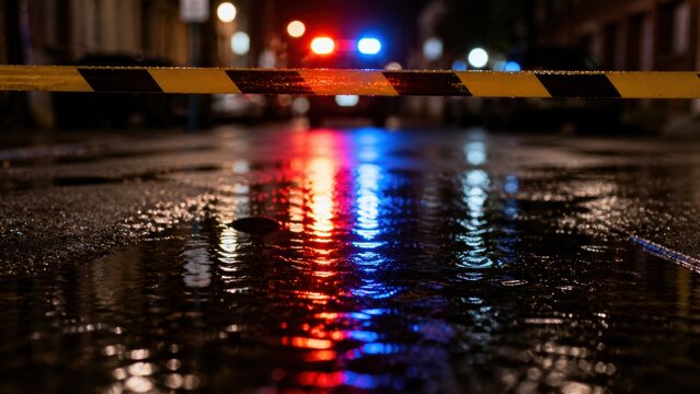 Yellow police tape across a wet city street at night with red and blue emergency lights reflected in rain puddles