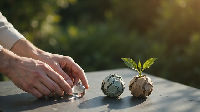 Person hands holding water drop on cracked earth balls with green plant growing outside natural light