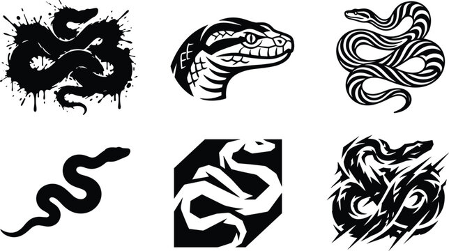 Snake Silhouette Collection with Tribal Serpent Symbols, Python Head, Abstract Cobra Emblems, Black Reptile Icons, and Editable Vector Set for Logo Designs