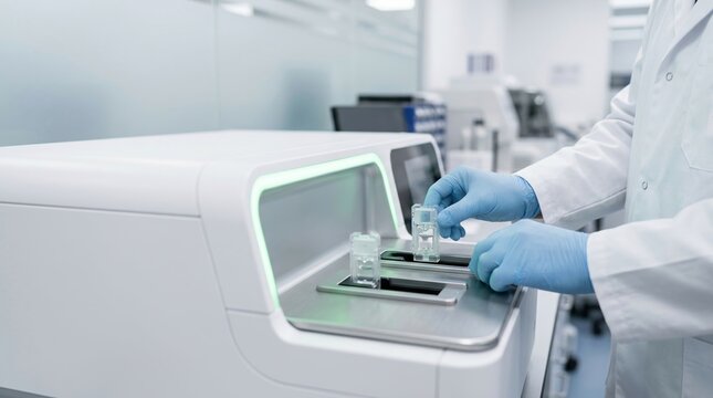 Medical diagnostics, laboratory testing, healthcare technology concept with technician operating diagnostic machine.
