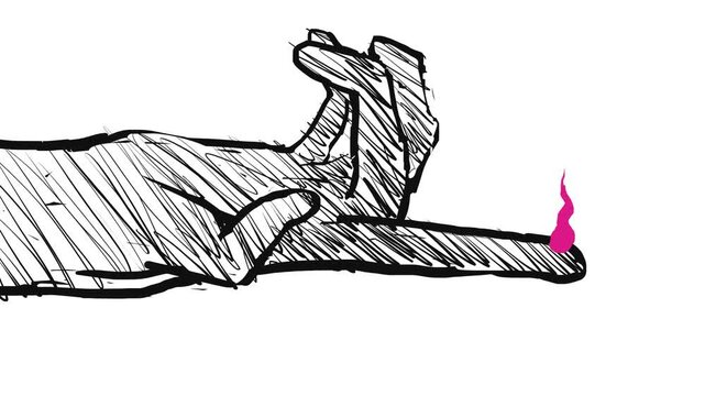 A human hand gestures with the index finger raised. A small flame or scarlet flame glows above the finger.