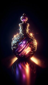 Colorful glowing magic bottle with a purple gem sits on black.