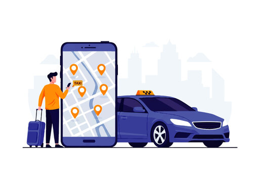Vector flat design illustration of a person using a mobile app to hail a taxi, with a car and city skyline