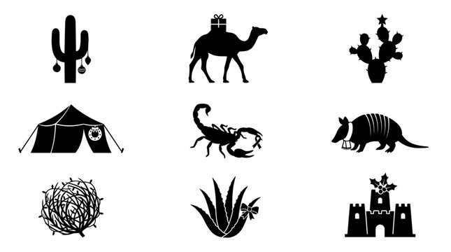 Desert landscapes and arid environment silhouette icons.