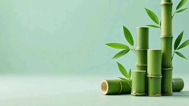 Fresh green bamboo segments and leaves