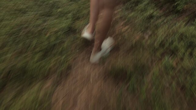 Rear view of woman walking along a forest path with motion blur effect, useful for nature walk, movement and outdoor lifestyle themes