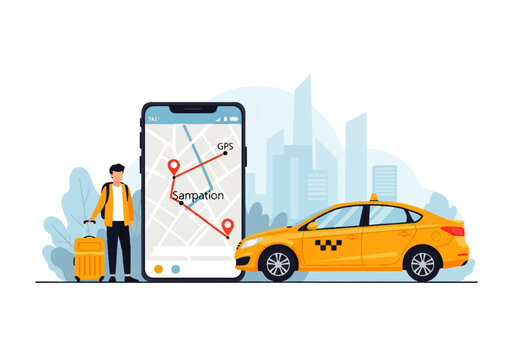 Vector flat design illustration of a person with luggage next to a smartphone showing GPS navigation and a yellow taxi