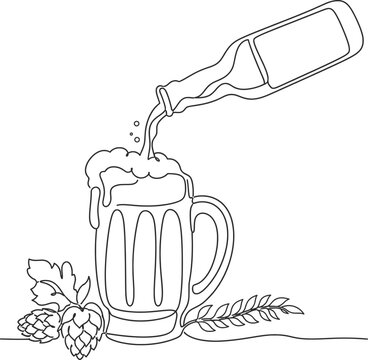 Beer Mug with Pouring Bottle Line Art Vector Illustration Brewery Beverage Sketch.