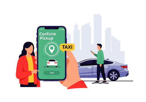 Vector flat design illustration of people using a mobile app to confirm taxi pickup with a car and city skyline