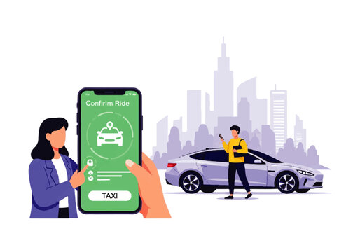 Vector flat design illustration of a person using a taxi app on a smartphone with a modern car and city skyline
