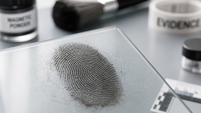 Developed fingerprint in black forensic powder on a clear glass plate with evidence collection tools in the background