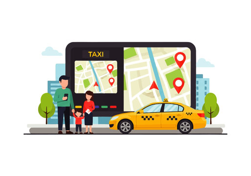 Vector flat design illustration of a family using a taxi app on a large screen with a yellow taxi car and city skyline