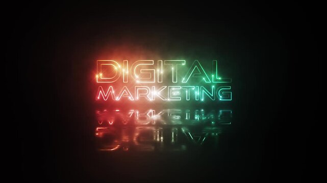 Digital Marketing glow colorful neon laser text glitch effect animation cinematic title on black abstract background.