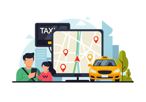 Vector flat design illustration of a taxi app interface with a map and pins, showing a driver and passenger using