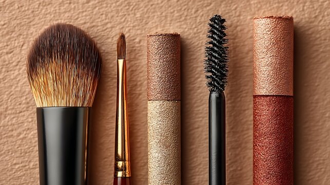 Makeup brushes beside mascara tube.