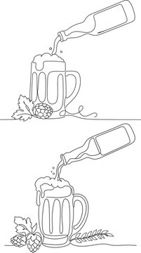 Beer Mug with Pouring Bottle Line Art Vector Illustration Brewery Beverage Sketch.