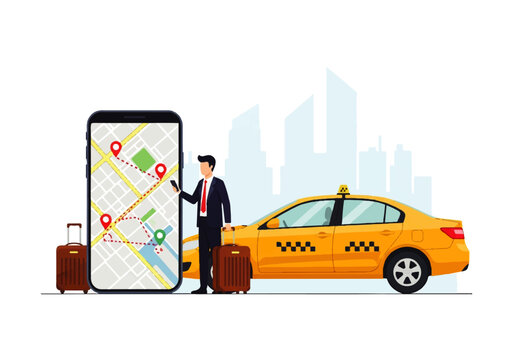 Vector flat design illustration of a businessman using a smartphone app for taxi navigation next to a yellow cab