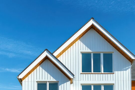 Two white gabled house facades with vertical siding, windows and wooden eaves against a clear blue sky, modern clean lines and a serene bright atmosphere