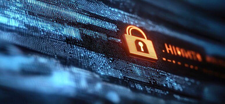 glowing orange padlock over flowing blue digital code conveying secure protected data and vigilant cyber defense