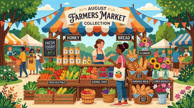 Colorful illustration of an outdoor farmers market with fresh vegetables seasonal fruits honey bread flowers with flowers under colorful tents