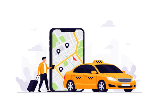 Vector flat design illustration of a person with luggage next to a smartphone showing a map and a yellow taxi car