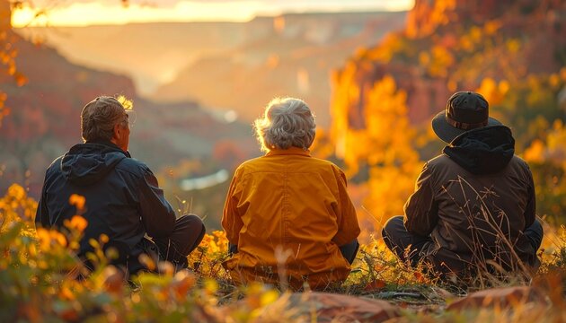 Three senior friends sitting together enjoying a peaceful golden hour sunset view over a vast autumn desert canyon landscape