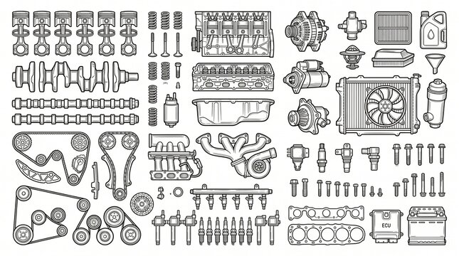Hand Drawn Car Engine Parts Doodle Collection &ndash; Automotive Mechanical Components Set