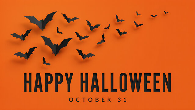 Halloween bat flock flying in formation. Spooky black silhouettes against orange gradient sky. Festive October 31st celebration design element for...