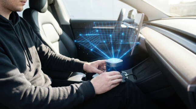 Autonomous driving software car interior man using controller with holographic interface in modern vehicle technology concept