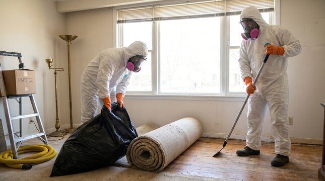 Two cleanup workers in protective hazmat suits and respirators removing old carpet and debris from a residential room