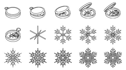 Winter Navigation Icons: Compass and Snowflake Line Art Collection © Akun