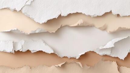 Fototapeta premium Elegant multiple layers of torn cream and white paper forming soft central horizontal void.