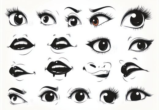 black and white sheet of stylized cartoon eyes and mouths showing playful, surprised, flirty and mischievous expressions