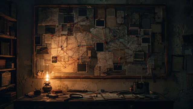 Detective conspiracy board with photos, maps, notes and red strings connecting clues in a dark office illuminated by a vintage oil lamp