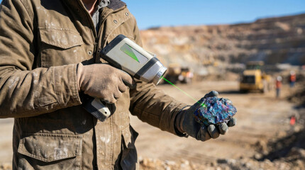 Fototapeta premium Rare earth metal sourcing concept, mineral survey at mine site, worker holding ore sample, field inspection