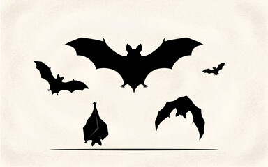 Fototapeta premium Flock of bats flying in silhouette. Dark nocturnal creatures soaring against a plain background. Halloween-themed vector illustration for spooky de...