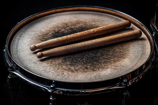 worn snare drum head with two wooden drumsticks resting in quiet stillness and anticipation