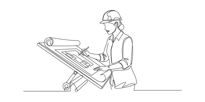 Continuous line drawing of a female architect working on a blueprint.