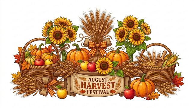 Autumn harvest festival banner illustration featuring baskets full of pumpkins apples sunflowers and wheat on white background with depicts colorful autumn