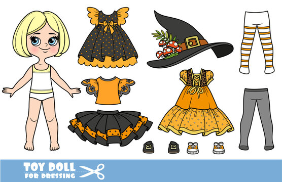 Cartoon blond girl with short bob and clothes separately - dresses, tights, hats and boot on Halloween