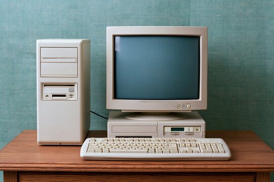 The Vintage Computer System with CRT Monitor and Beige Keyboard on Desk