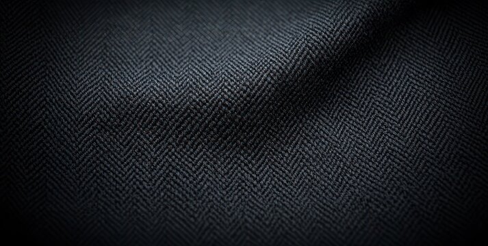 close-up of dark herringbone wool fabric with subtle folds and soft drape, moody lighting conveying calm elegance and tactile warmth