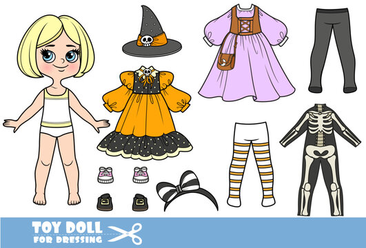 Cartoon blond girl with short bob and Halloween clothing &ndash; dresses, tights, hats, a skeleton jumpsuit, and shoes