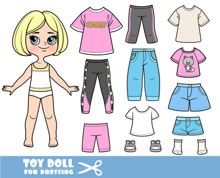Cartoon blond girl with short bob and clothes separately -   oversized sports Tshirt, leggings, bike shorts, shorts, jeans and sneakers