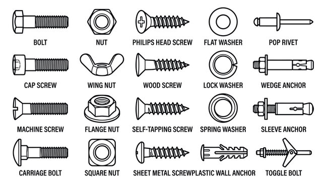 Industrial fastener icons including bolts nuts and screws.