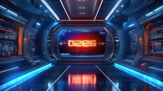 sleek futuristic spaceship corridor with glowing red alphanumeric display on central screen, blue and red neon lighting, reflective floor and holographic control panels, tense high-tech atmosphere