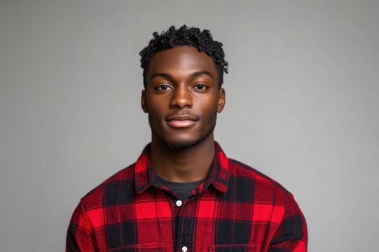 anonymized portrait of a person with a blurred square over the face wearing a red and black plaid flannel shirt against a plain gray background, neutral and ambiguous mood