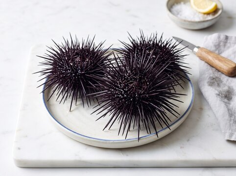 Three black sea urchins with sharp spines lay on white surface. Spiky echinoderms are seafood delicacy.